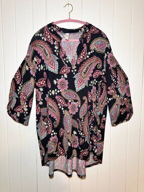 Jules and James Boho Paisley Floral V-Neck Blouse Tunic